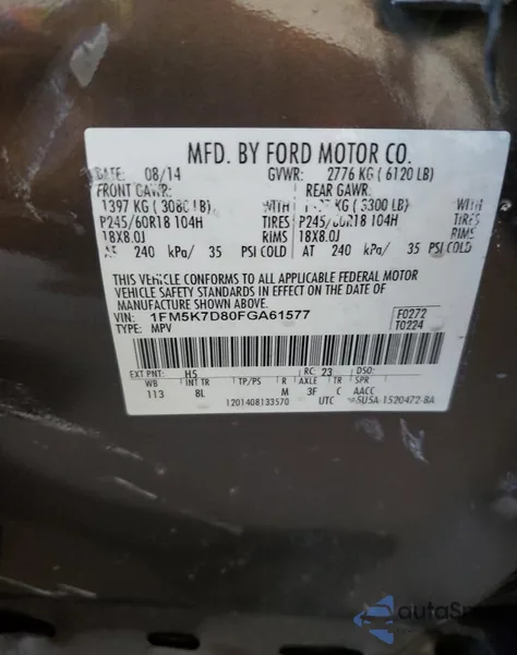 2015 Ford Explorer Xlt z USA, uszkodzony, nr VIN 1FM5K7D80FGA61577